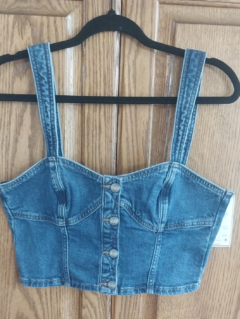 Lee + Kacey NWT Women's Fitted Bustier Denim Vest Size Medium Light Denim Wash